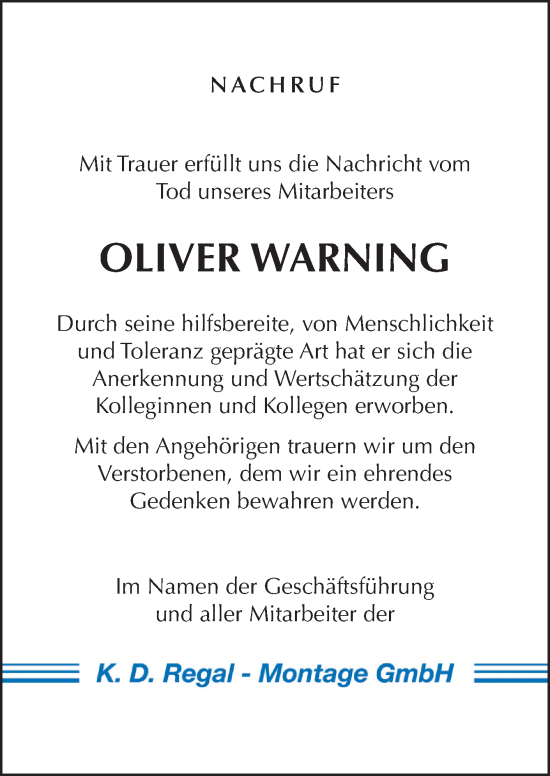 Traueranzeige von Oliver Warning von DK Medien GmbH & Co. KG