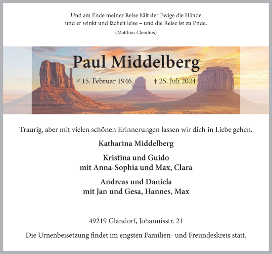 Traueranzeige von Paul Middelberg von Neue Osnabrücker Zeitung GmbH & Co. KG