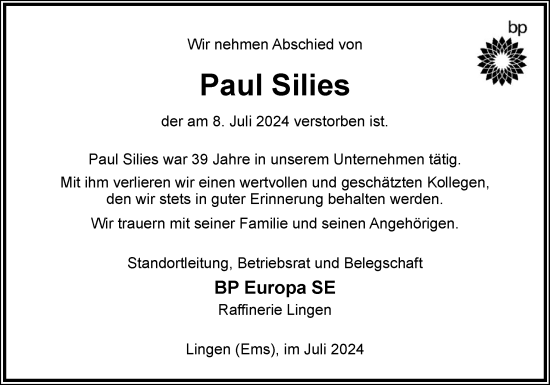 Traueranzeige von Paul Silies von Neue Osnabrücker Zeitung GmbH & Co. KG