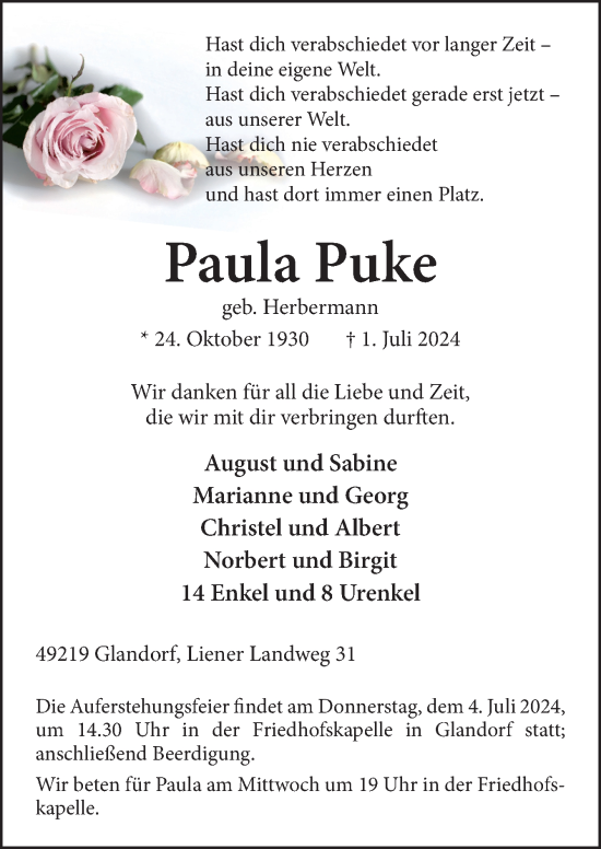 Traueranzeige von Paula Puke von Neue Osnabrücker Zeitung GmbH & Co. KG