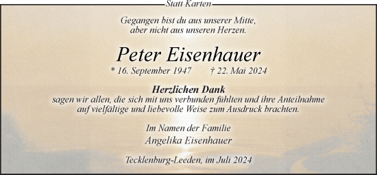 Traueranzeige von Peter Eisenhauer von Neue Osnabrücker Zeitung GmbH & Co. KG