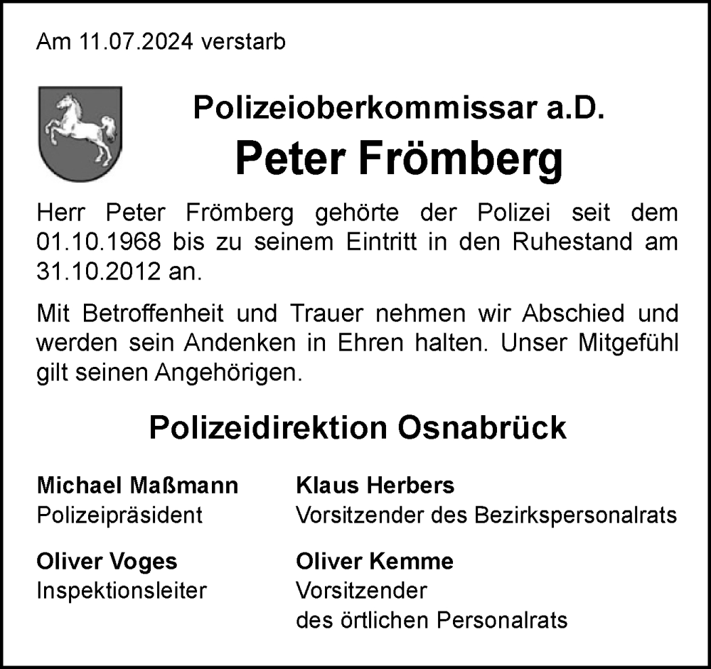  Traueranzeige für Peter Frömberg vom 27.07.2024 aus Neue Osnabrücker Zeitung GmbH & Co. KG