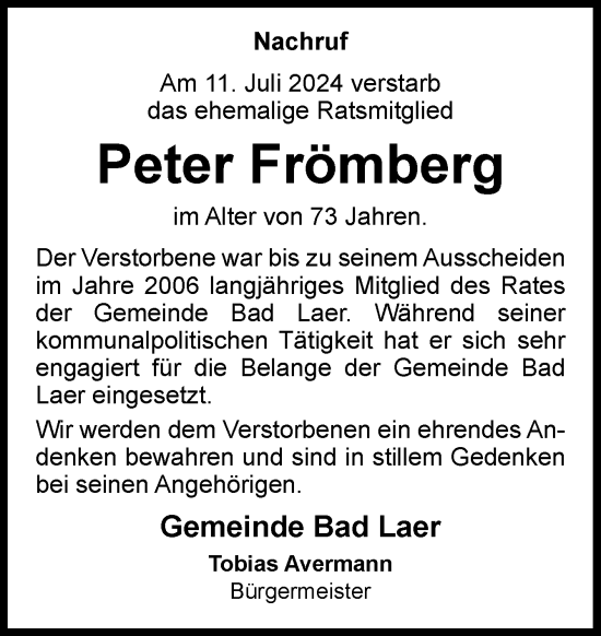 Traueranzeige von Peter Frömberg von Neue Osnabrücker Zeitung GmbH & Co. KG