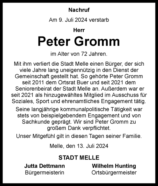 Traueranzeige von Peter Gromm von Neue Osnabrücker Zeitung GmbH & Co. KG