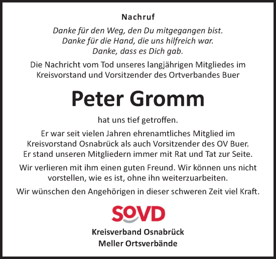 Traueranzeige von Peter Gromm von Neue Osnabrücker Zeitung GmbH & Co. KG