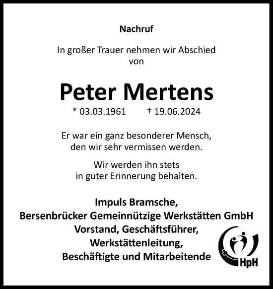 Traueranzeige von Peter Mertens von Neue Osnabrücker Zeitung GmbH & Co. KG