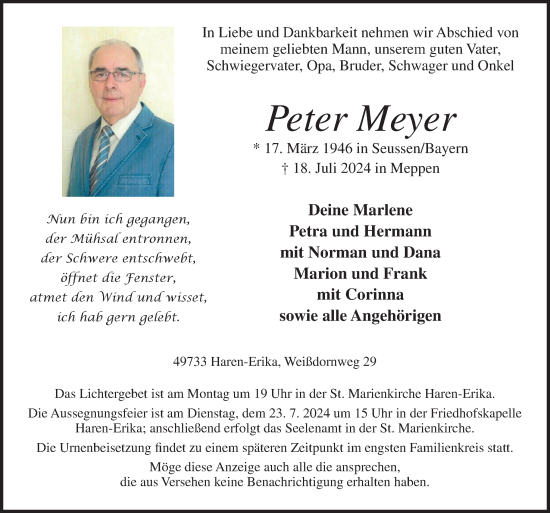 Traueranzeige von Peter Meyer von Neue Osnabrücker Zeitung GmbH & Co. KG