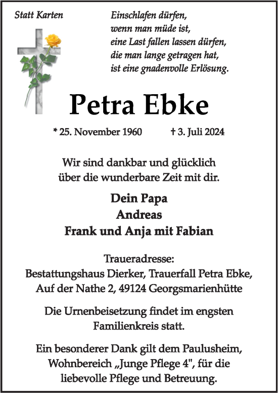 Traueranzeige von Petra Ebke von Neue Osnabrücker Zeitung GmbH & Co. KG
