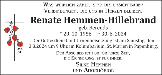 Traueranzeige von Renate Hemmen-Hillebrand von Neue Osnabrücker Zeitung GmbH & Co. KG