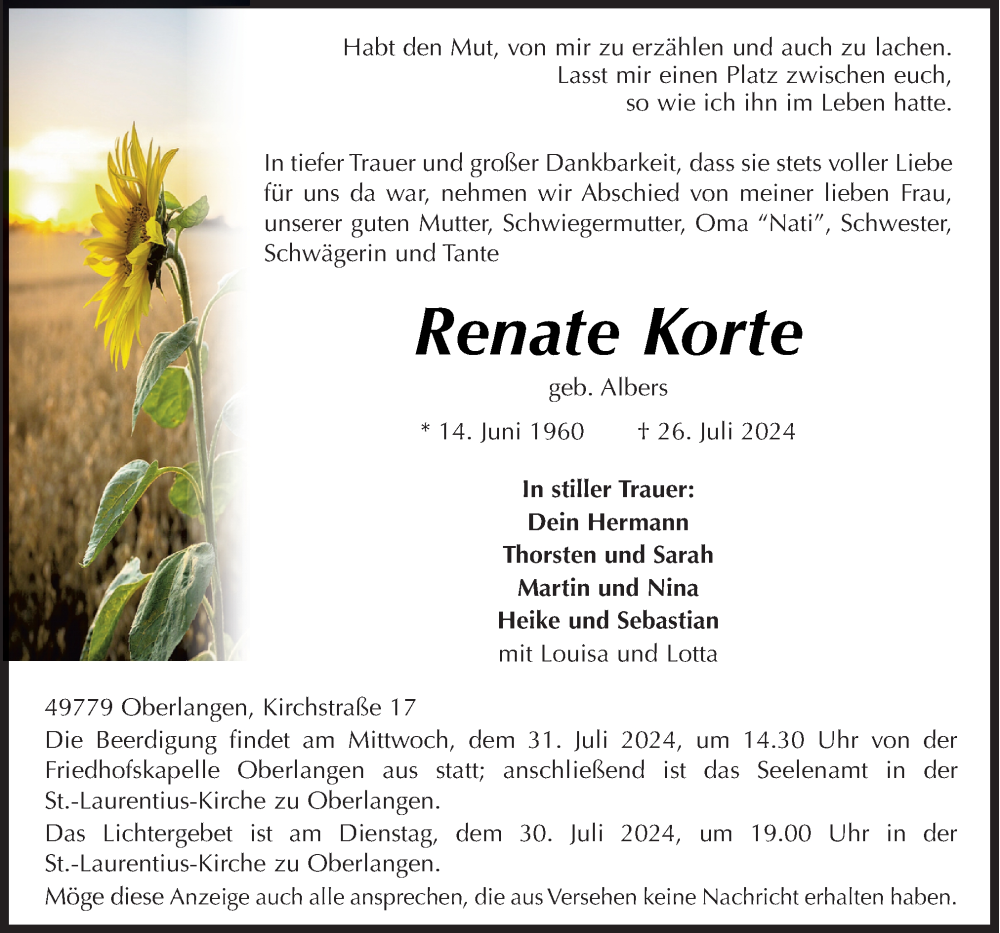  Traueranzeige für Renate Korte vom 27.07.2024 aus Neue Osnabrücker Zeitung GmbH & Co. KG