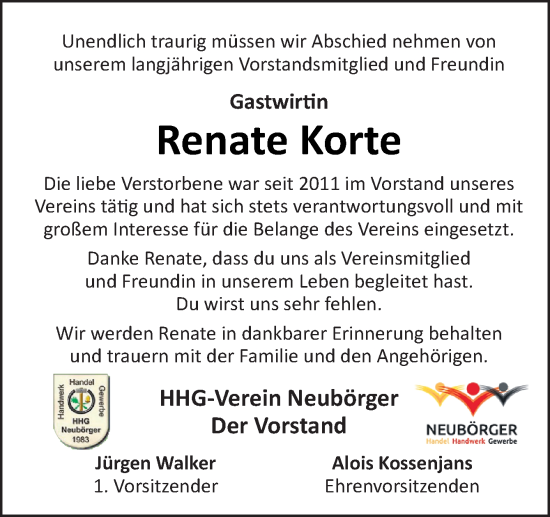 Traueranzeige von Renate Korte von Neue Osnabrücker Zeitung GmbH & Co. KG