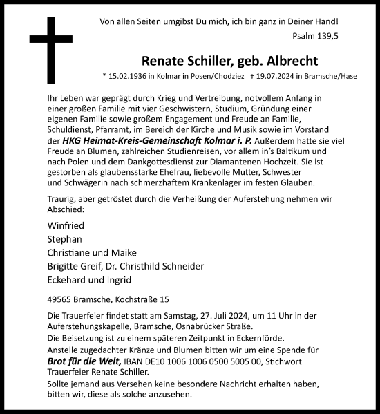 Traueranzeige von Renate Schiller von Neue Osnabrücker Zeitung GmbH & Co. KG