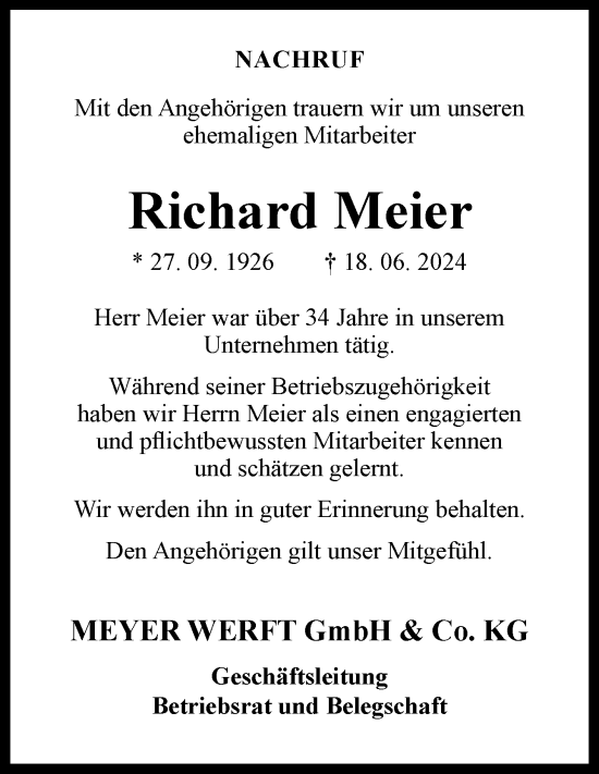 Traueranzeige von Richard Meier von Neue Osnabrücker Zeitung GmbH & Co. KG