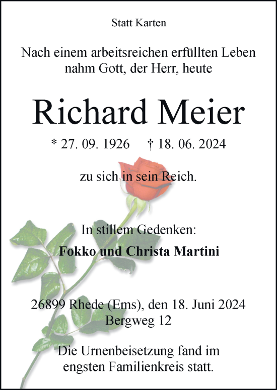 Traueranzeige von Richard Meier von Neue Osnabrücker Zeitung GmbH & Co. KG