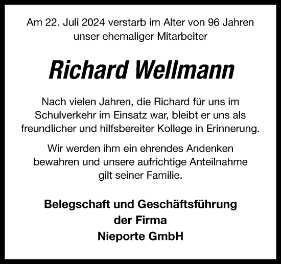 Traueranzeige von Richard Wellmann von Neue Osnabrücker Zeitung GmbH & Co. KG