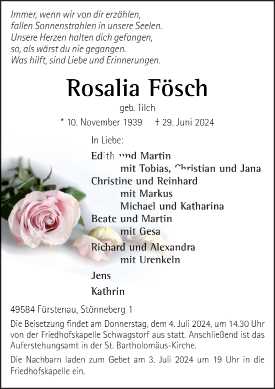 Traueranzeige von Rosalia Fösch von Neue Osnabrücker Zeitung GmbH & Co. KG