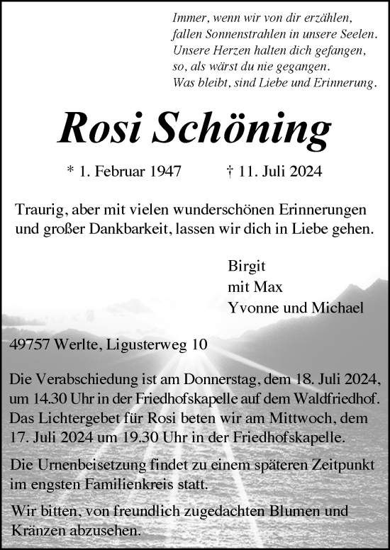 Traueranzeige von Rosi Schöning von Neue Osnabrücker Zeitung GmbH & Co. KG