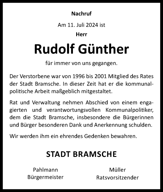 Traueranzeige von Rudolf Günther von Neue Osnabrücker Zeitung GmbH & Co. KG