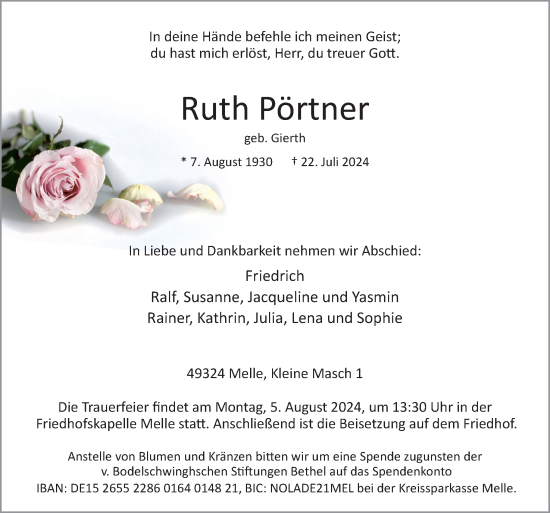 Traueranzeige von Ruth Pörtner von Neue Osnabrücker Zeitung GmbH & Co. KG