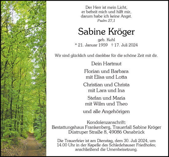 Traueranzeige von Sabine Kröger von Neue Osnabrücker Zeitung GmbH & Co. KG