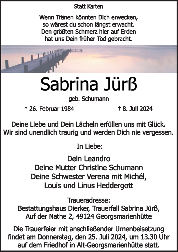  Traueranzeige für Sabrina Jürß vom 20.07.2024 aus Neue Osnabrücker Zeitung GmbH & Co. KG