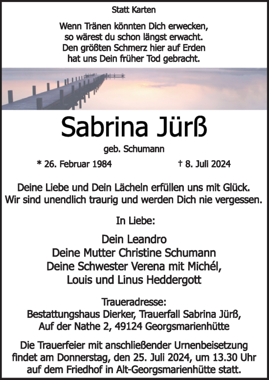 Traueranzeige von Sabrina Jürß von Neue Osnabrücker Zeitung GmbH & Co. KG