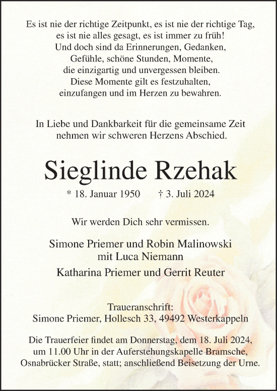 Traueranzeige von Sieglinde Rzehak von Neue Osnabrücker Zeitung GmbH & Co. KG