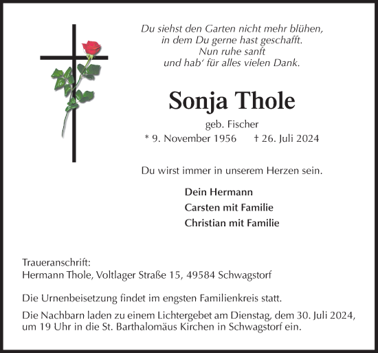 Traueranzeige von Sonja Thole von Neue Osnabrücker Zeitung GmbH & Co. KG