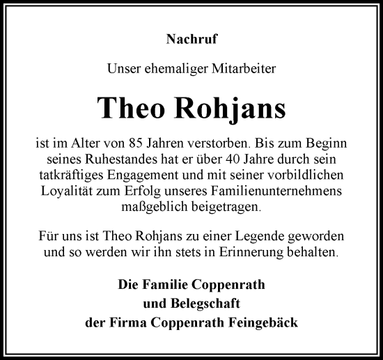 Traueranzeige von Theo Rohjans von Neue Osnabrücker Zeitung GmbH & Co. KG