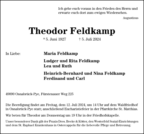Traueranzeige von Theodor Feldkamp von Neue Osnabrücker Zeitung GmbH & Co. KG