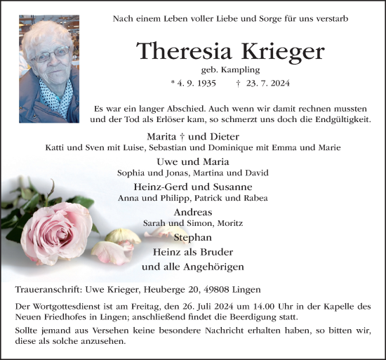 Traueranzeige von Theresia Krieger von Neue Osnabrücker Zeitung GmbH & Co. KG