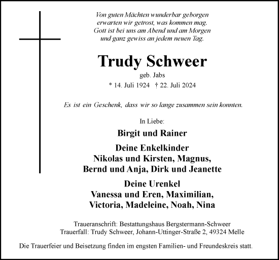 Traueranzeige von Trudy Schweer von Neue Osnabrücker Zeitung GmbH & Co. KG