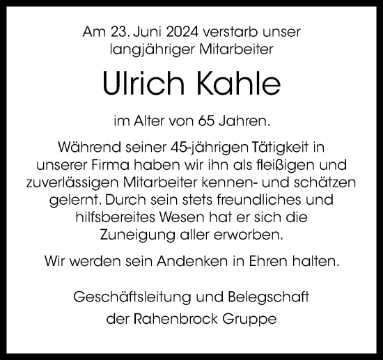 Traueranzeige von Ulrich Kahle von Neue Osnabrücker Zeitung GmbH & Co. KG