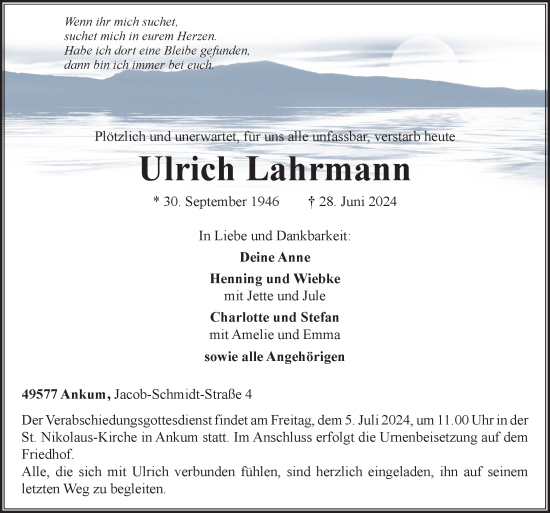 Traueranzeige von Ulrich Lahrmann von Neue Osnabrücker Zeitung GmbH & Co. KG