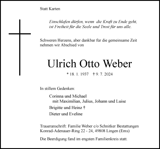 Traueranzeige von Ulrich Otto Weber von Neue Osnabrücker Zeitung GmbH & Co. KG