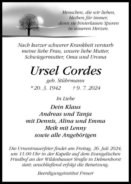 Traueranzeige von Ursel Cordes von DK Medien GmbH & Co. KG