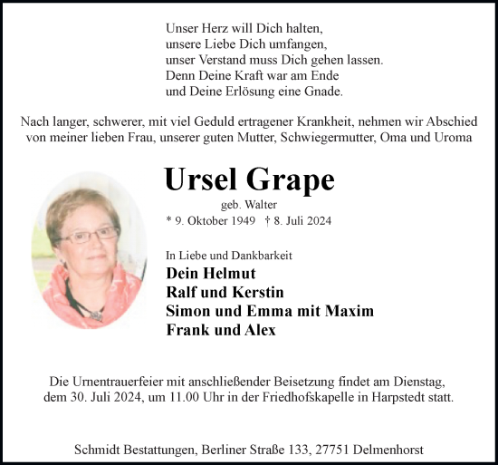 Traueranzeige von Ursel Grape von DK Medien GmbH & Co. KG