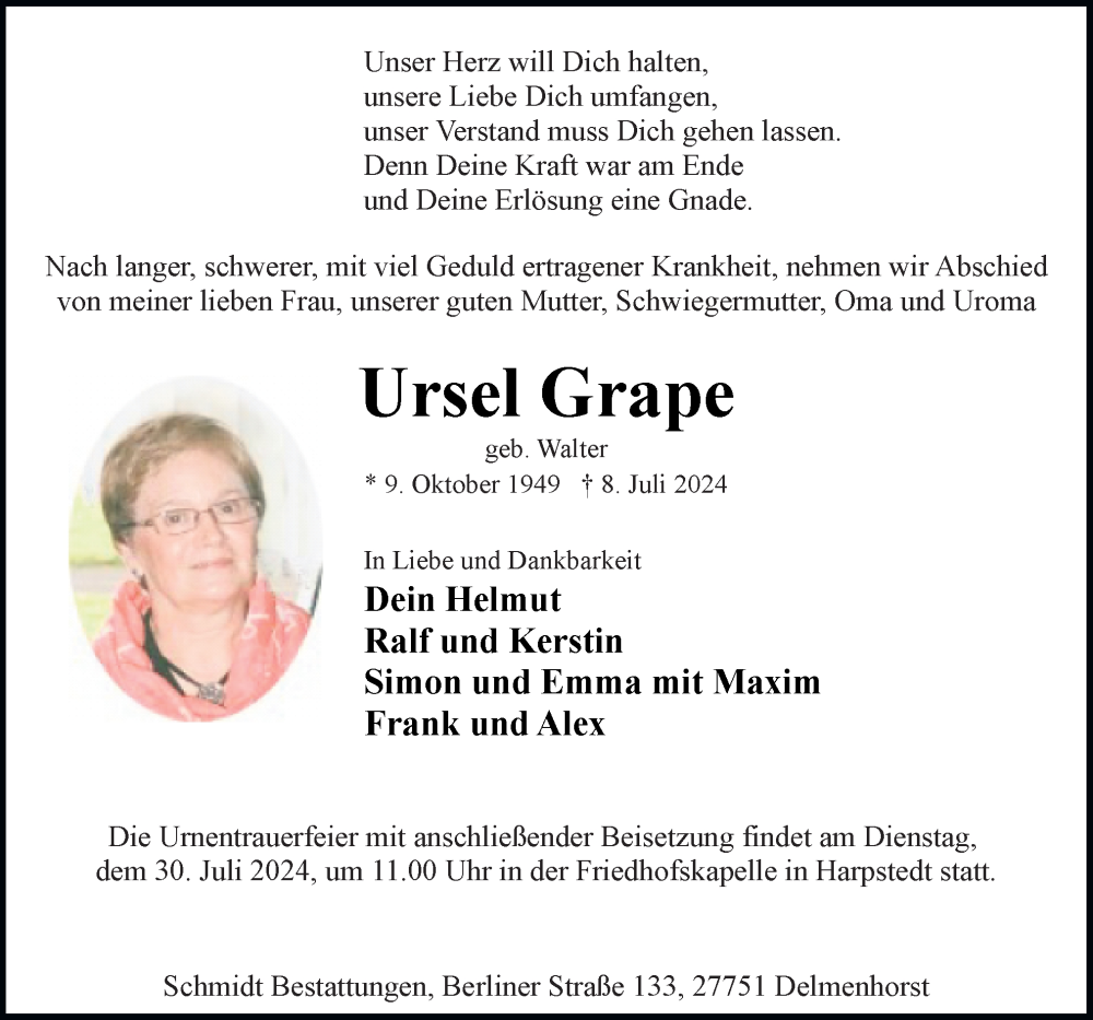  Traueranzeige für Ursel Grape vom 13.07.2024 aus DK Medien GmbH & Co. KG