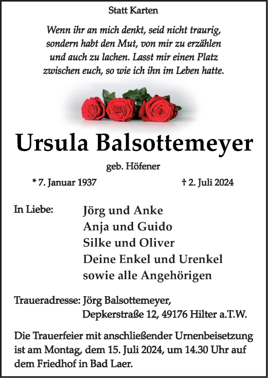 Traueranzeige von Ursula Balsottemeyer von Neue Osnabrücker Zeitung GmbH & Co. KG