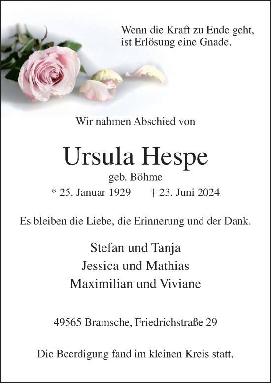 Traueranzeige von Ursula Hespe von Neue Osnabrücker Zeitung GmbH & Co. KG