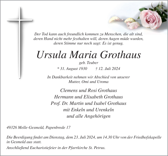 Traueranzeige von Ursula Maria Grothaus von Neue Osnabrücker Zeitung GmbH & Co. KG