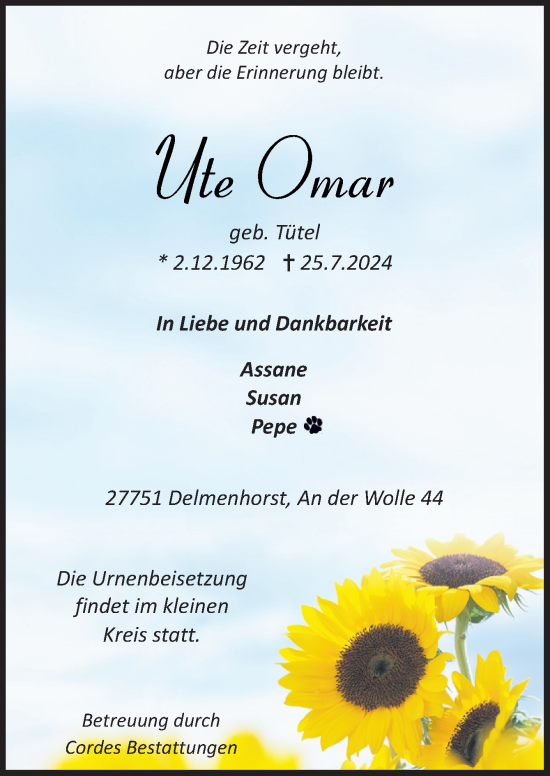 Traueranzeige von Ute Omar von DK Medien GmbH & Co. KG