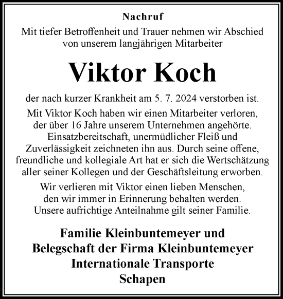 Traueranzeige von Viktor Koch von Neue Osnabrücker Zeitung GmbH & Co. KG