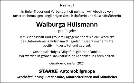 Traueranzeige von Walburga Hülsmann von Neue Osnabrücker Zeitung GmbH & Co. KG