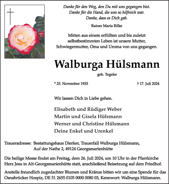 Traueranzeige von Walburga Hülsmann von Neue Osnabrücker Zeitung GmbH & Co. KG