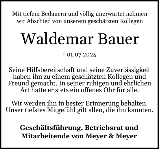 Traueranzeige von Waldemar Bauer von Neue Osnabrücker Zeitung GmbH & Co. KG