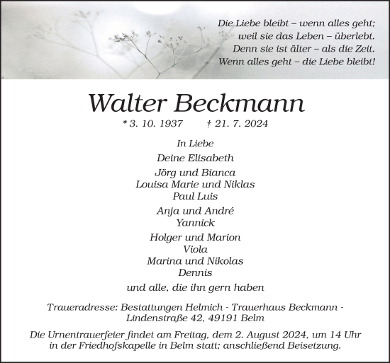 Traueranzeige von Walter Beckmann von Neue Osnabrücker Zeitung GmbH & Co. KG