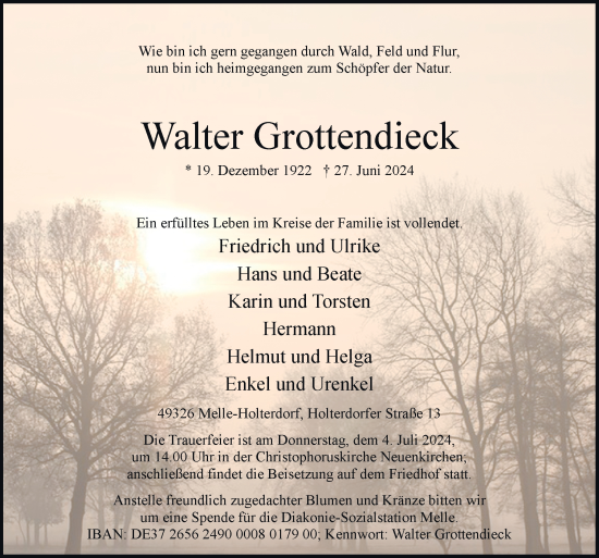 Traueranzeige von Walter Grottendieck von Neue Osnabrücker Zeitung GmbH & Co. KG