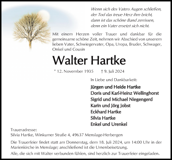 Traueranzeige von Walter Hartke von Neue Osnabrücker Zeitung GmbH & Co. KG
