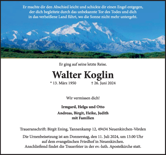 Traueranzeige von Walter Koglin von Neue Osnabrücker Zeitung GmbH & Co. KG